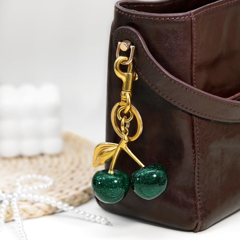 SKYFUN Cherry Keychain for Women Glitter Cherry Bag Charm Key Chain for Purse Wallet Handbag Backpack Jewelry Accessories Gift for Birthday Christmas Valentines Day  Green - Image 2